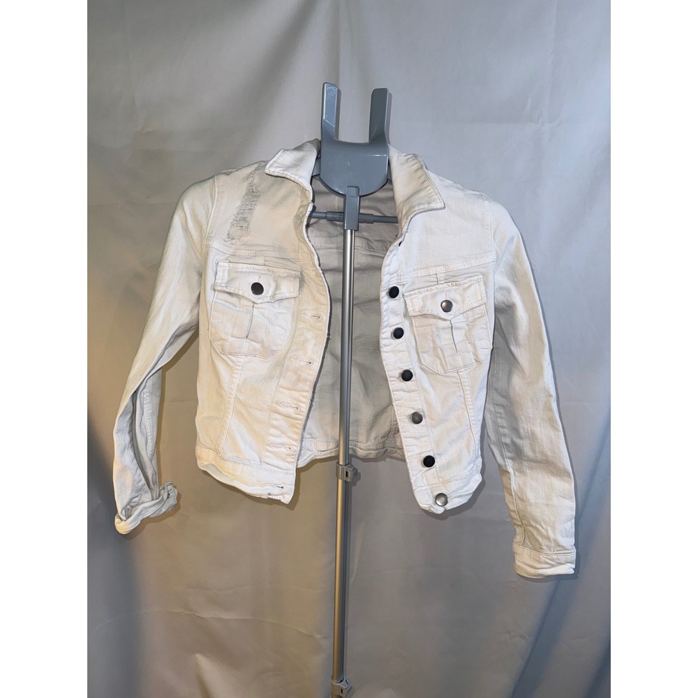 KUT from the Kloth White Distressed Denim Trucker Jacket Womens XS Cropped
